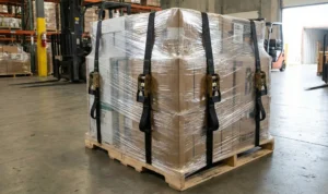 Palet de mercancía envuelto en plástico y asegurado con dos cinchas negras de trinquete en un almacén industrial